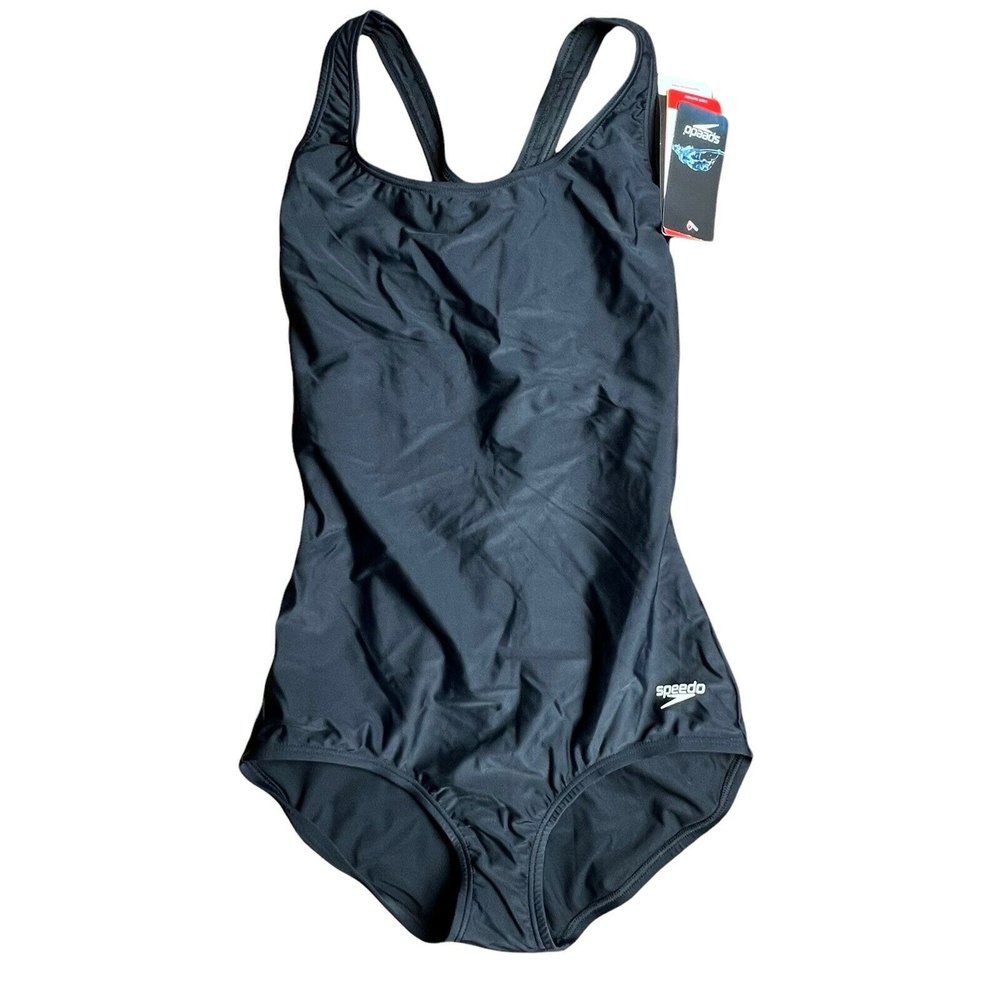 New Speedo Women's Black Cutout Cross-Back Powerflex One-Piece Swimsuit Size 8